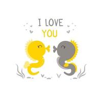 Valentine card with cute seahorse. Love you. Romantic holiday Valentine Day greeting card underwater sea horse couple.