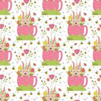 Easter spring seamless pattern with cute animals, birds, bees, butterflies. vector