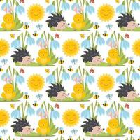 Easter spring seamless pattern with cute animals, birds, bees, butterflies. vector