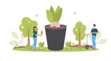 Spring Reforestation concept. Forest restoration, reforestation planting trees, environment day. vector