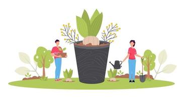 Spring Reforestation concept. Forest restoration, reforestation planting trees, environment day. vector