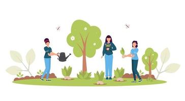 concepto de reforestación de primavera. restauración forestal, reforestación, plantación de árboles, día del medio ambiente. vector