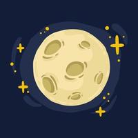 luna llena con cráteres y patrón alrededor de estrellas brillantes que hechizan el cielo azul nocturno. ciencia astronomía tierra satélite en el espacio. ilustración vectorial aislado sobre fondo. vector