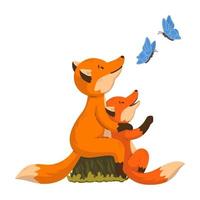 Two foxes are looking at the butterflies. Cartoon forest animals parent with baby. Mother's and Father's Day card. Vector illustration isolated on white background. For poster, banner, t-shirt print.