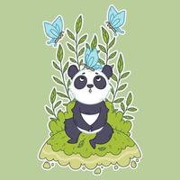 Cute little panda bear sitting in a meadow and blue butterflies are flying around. vector