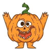 Halloween smiling pumpkin with hands, legs and witch hat. vector