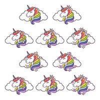 Unicorn head set with cloud, stars and hearts. vector