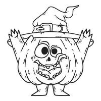 calabaza de halloween sonriente con manos, piernas y sombrero de bruja. vector