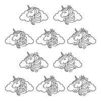 cabeza de unicornio con nubes, estrellas y corazones. vector