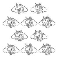 Unicorn head set with cloud, stars and hearts. vector