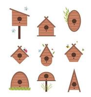 Spring vector card with wooden birdhouse. Isolated on white background bird box.