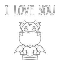 Cute dragon with heart and hand drawn lettering quote - I love you. Valentines day greeting card. Vector illustration isolated on white background for coloring page.