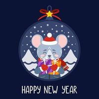 bola de navidad con la imagen de rata sosteniendo regalos. vector