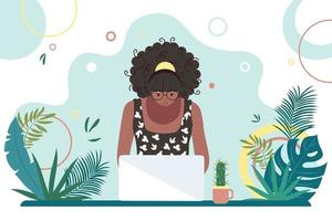 African American black woman working at a computer. Online education. Freelance worker, self-employed, student. Summer workplace interior design. vector