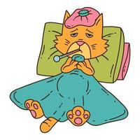 Sickening cat with thermometer under the blanket. vector