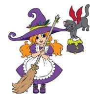 A little witch with a broom, a cat and a pot. vector