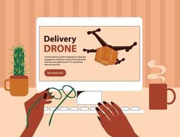 Website page with information on contactless fast delivery of parcels by air. African American black female hands choose safe drone delivery. First-person view of a desk with a computer. vector