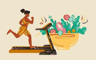 ejercicios cardiovasculares y comidas regulares, proteínas saludables, grasas y verduras frescas. chica en una cinta de correr. concepto de dieta y estilo de vida saludable
