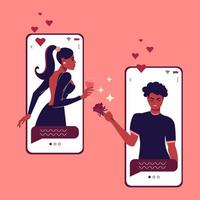 Mobile chat for lovers. A young girl and her boyfriend are celebrating Valentine's Day by mobile phone online. Romantic date on social networks. Vector flat illustration