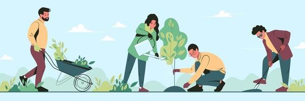 Young volunteers plant trees in city park in the spring. Group people work together to improve the environment. Flat vector illustration