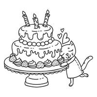 Birthday cake with candle and cute cat. vector