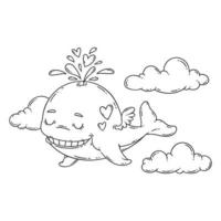 A whale with wings in the sky with hearts. vector