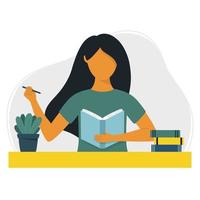 Woman writes in a notebook or diary. Writing, studying and reading concept. vector