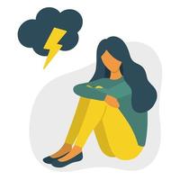 Ilustración de vector de estilo plano de concepto de mujer deprimida. sentada mujer triste con nubes y relámpagos arriba