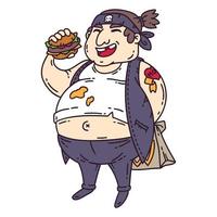 hombre gordo con hamburguesa. vector