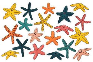 Set of vector outline cartoon colorful sea stars or Starfish with eyes, smile. Doodle Marine invertebrates with five arms, brightly coloured in red, orange, yellow, blue. Isolated on white background