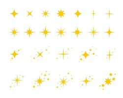 conjunto de oro, estrellas amarillas centelleos y símbolos de destellos aislados sobre fondo blanco. destello brillante, resplandor brillante, deslumbrar iconos de luz vector