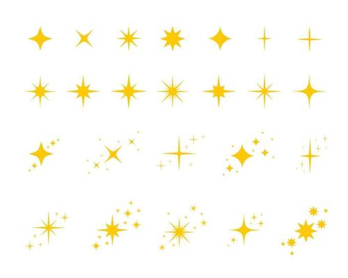 Set of gold, yellow stars twinkles and sparkles symbols isolated on white background. Bright flash, shining glow, dazzle light icons