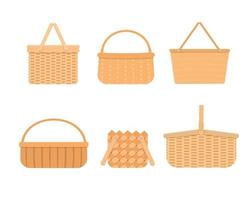 conjunto de cestas de picnic de mimbre vacías aisladas sobre fondo blanco. Colección de diferentes cestas y cestas de sauce tejidas a mano. vector