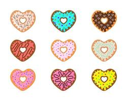 Set of heart shaped donuts isolated on white background. Different sweet doughnuts for Valentines day vector