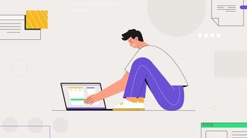 Male character freelancer sitting and works with a laptop, against the background of abstract objects and shapes. Flat style vector illustration in a trendy style.