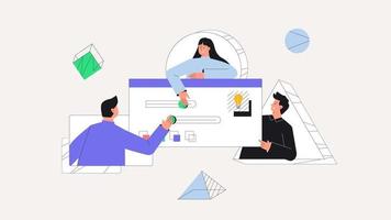 Men and women taking part in business activities, team work. UI UX design concept of creating an application. Design and development business vector concept. Flat style vector illustration.