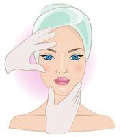 A girl with bare shoulders, a towel on her head, hands in medical gloves, cosmetology. vector