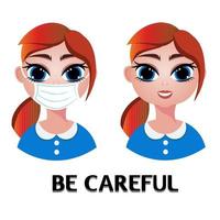 Red-haired girl in a blue dress with a mask on her face. Vector illustration.