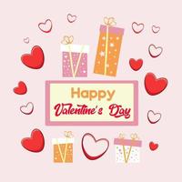 Valentine's Day card with hearts, greeting lettering and gift boxes. Vector illustration.