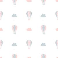 Vector scandinavian baby Seamless pattern of colorful air balloons and clouds isolated on white background. Simple kids illustration texture for nordic wallpaper, fills, web page background