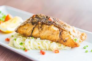 Sea bass grill steak on white background photo