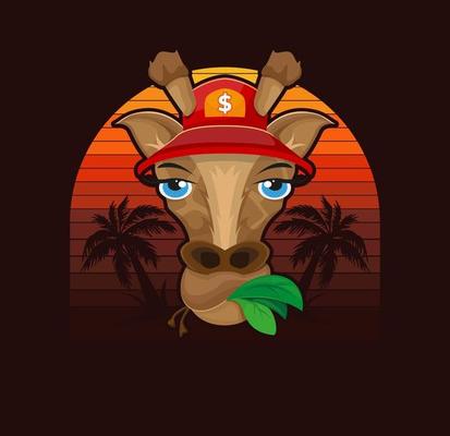 Giraffe in a cap on a background of palm trees. Summer print for t shirt design. Vector illustration design.
