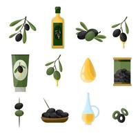 Olives icons set in cartoon style with tree oil branch leaf isolated. Vector