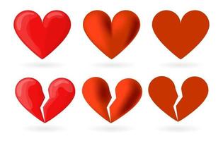 Heart set in different style. Cartoon, realism, icon. Heartbreak, broken heart or divorce vector