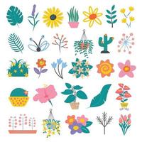 Set of colorful leaves and flowers Simple cartoon flat style vector