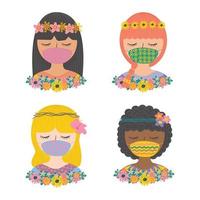 Set cute girl wearing face mask with flowers flat pop color character vector