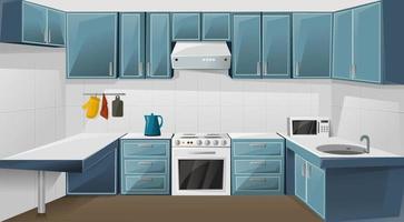 Kitchen interior design. Room with fridge, oven, microwave, sink and kettle. Cupboard furniture. Vector illustration
