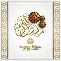 Tarjeta de felicitación de Ramadán Kareem diseño de vector de patrón floral islámico con caligrafía árabe para el fondo, banner. traducción del texto ramadan kareem - que la generosidad te bendiga durante el mes sagrado