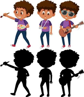 Set of a boy cartoon character doing different activities with its silhouette