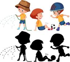 Set of a boy cartoon character doing different activities with its silhouette vector